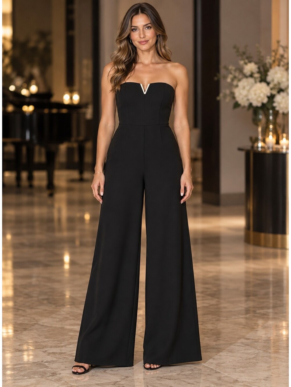 G by GUESS Black strapless wide Leg Gold V Neck Jumpsuit XS
